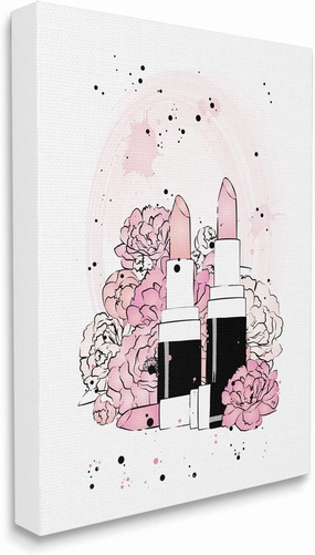 Stupell Industries Pink Peony Florals Glam Lipstick Cosmetic, Design by Martina Pavlova Canvas Wall Art, 16x20, White