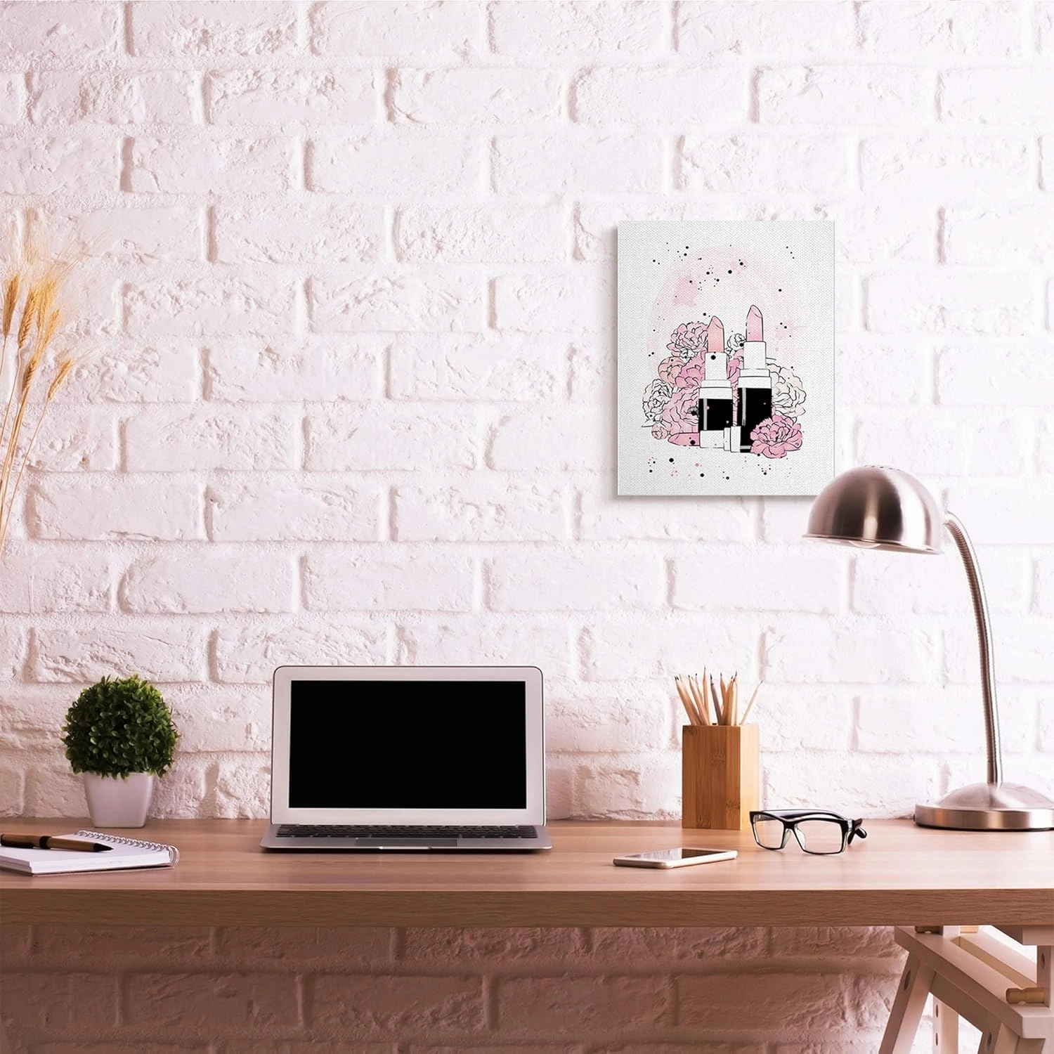 Stupell Industries Pink Peony Florals Glam Lipstick Cosmetic, Design by Martina Pavlova Canvas Wall Art, 16x20, White