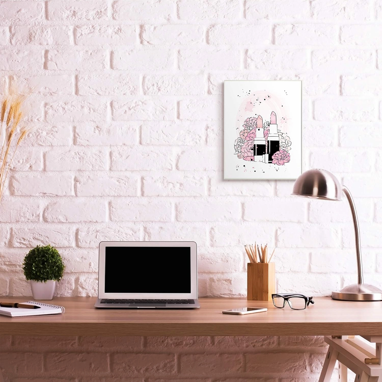Stupell Industries Pink Peony Florals Glam Lipstick Cosmetic, Design by Martina Pavlova Wall Plaque, 13 x 19, White