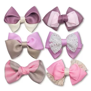 Summer-Ray Grosgrain Ribbon Hair Bows for Girls – Set of 6 Handmade Alligator Clip Bows in Pink, Mauve & Lilac – Hair Accessories for Kids & Girls
