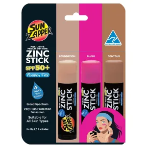 Sun Zapper Zinc Oxide Sunscreen Stick – SPF 50  Tinted 3-Pack (Light, Dark, Pink) – Sunscreen Stick, SPF Makeup, Sunscreen Makeup, SPF Blush, Sunscreen Blush – Water Resistant, Made in Australia