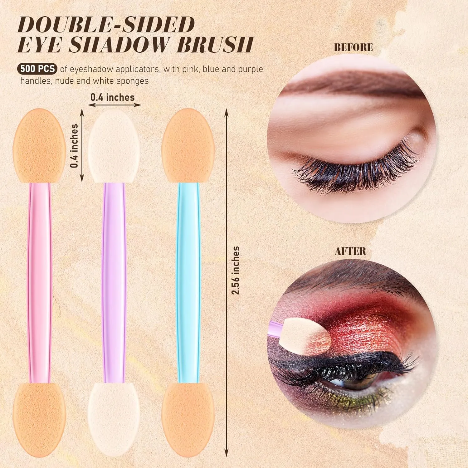 Tanlade 500 Pcs Eyeshadow Applicators Disposable Eye Makeup Brushes Eyeshadow Double Sided Sponge Brushes for Women Lady Girls(2.56 Inch,Mixed Colors)