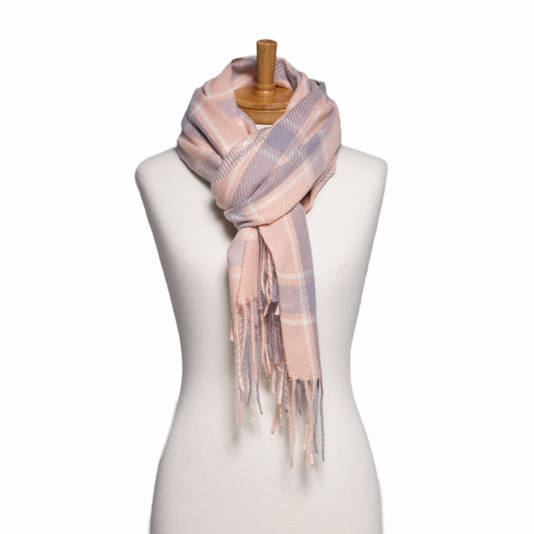 THSS2766: Pink: Checked Fringe Scarf