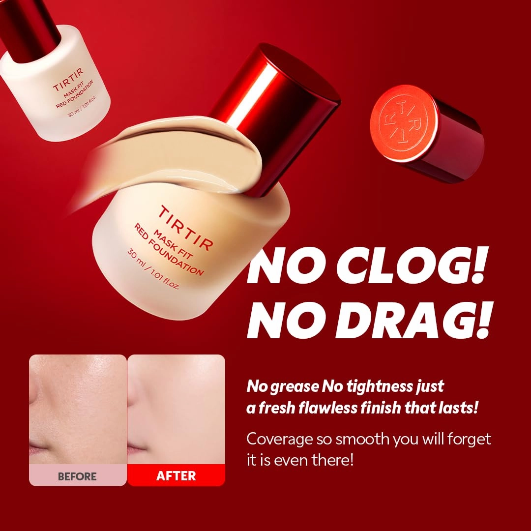 TIRTIR Mask Fit Red FoundationㅣLong Lasting Flawless Coverage, Energy Essence, Lightweight, Hydrating, Pore-Blurring, Breathable Satin Finish, Makeup, Radiant Skin, #17N Vanilla, 1.01 Fl Oz
