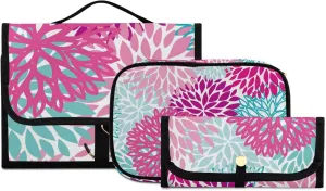 Toiletry Bag for Women, Bright Pink Floral Hanging Travel Toiletry Bag, 1 Cosmetic Bag, 1 Makeup Brush Bag