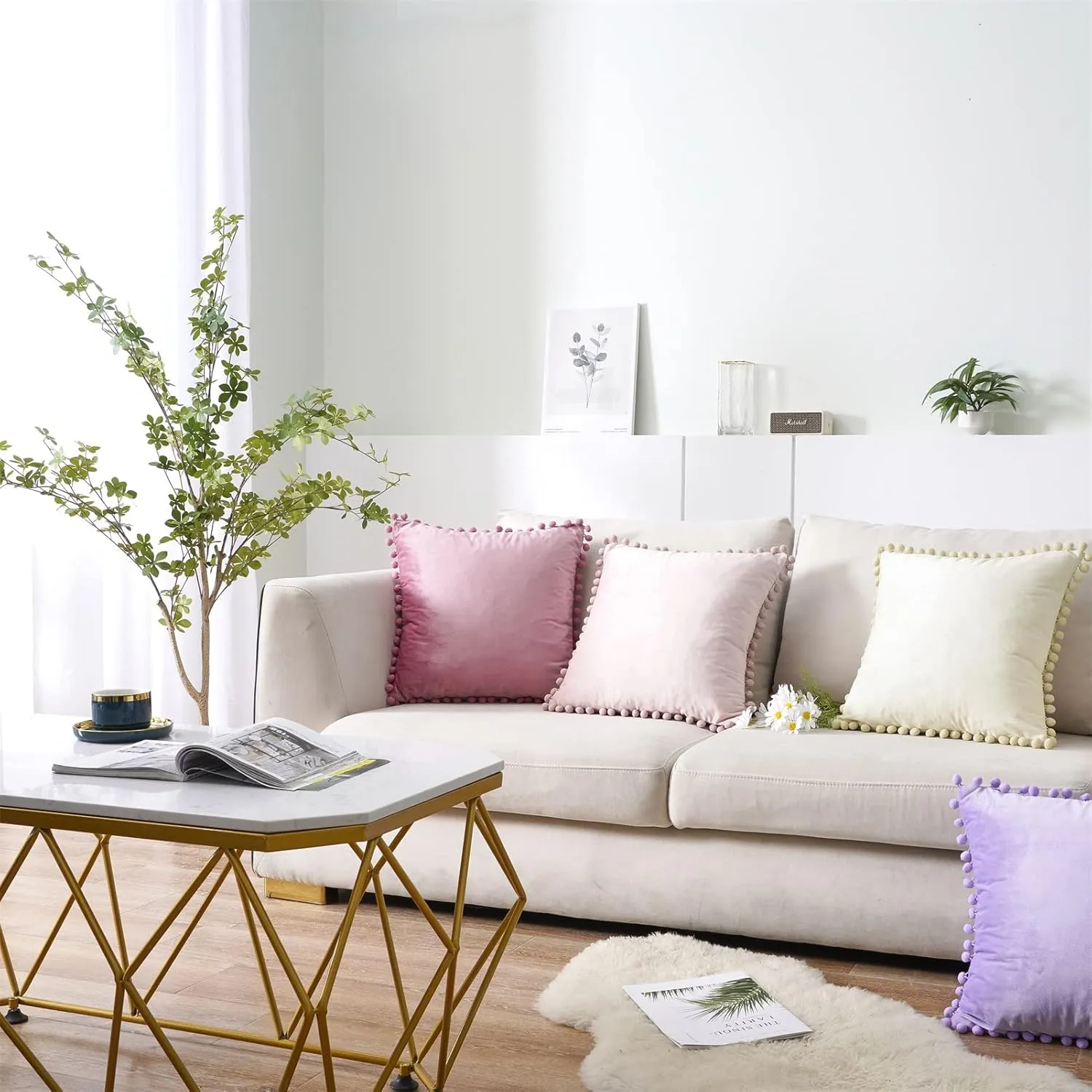 Top Finel Blush Pink Decorative Throw Pillow Covers for Couch Bed 20x20 Soft Velvet Pillow Coveres Set of 2 Cute Square Cushion Covers with Pom-poms for Bedroom Livingroom Aesthetic Home Decor