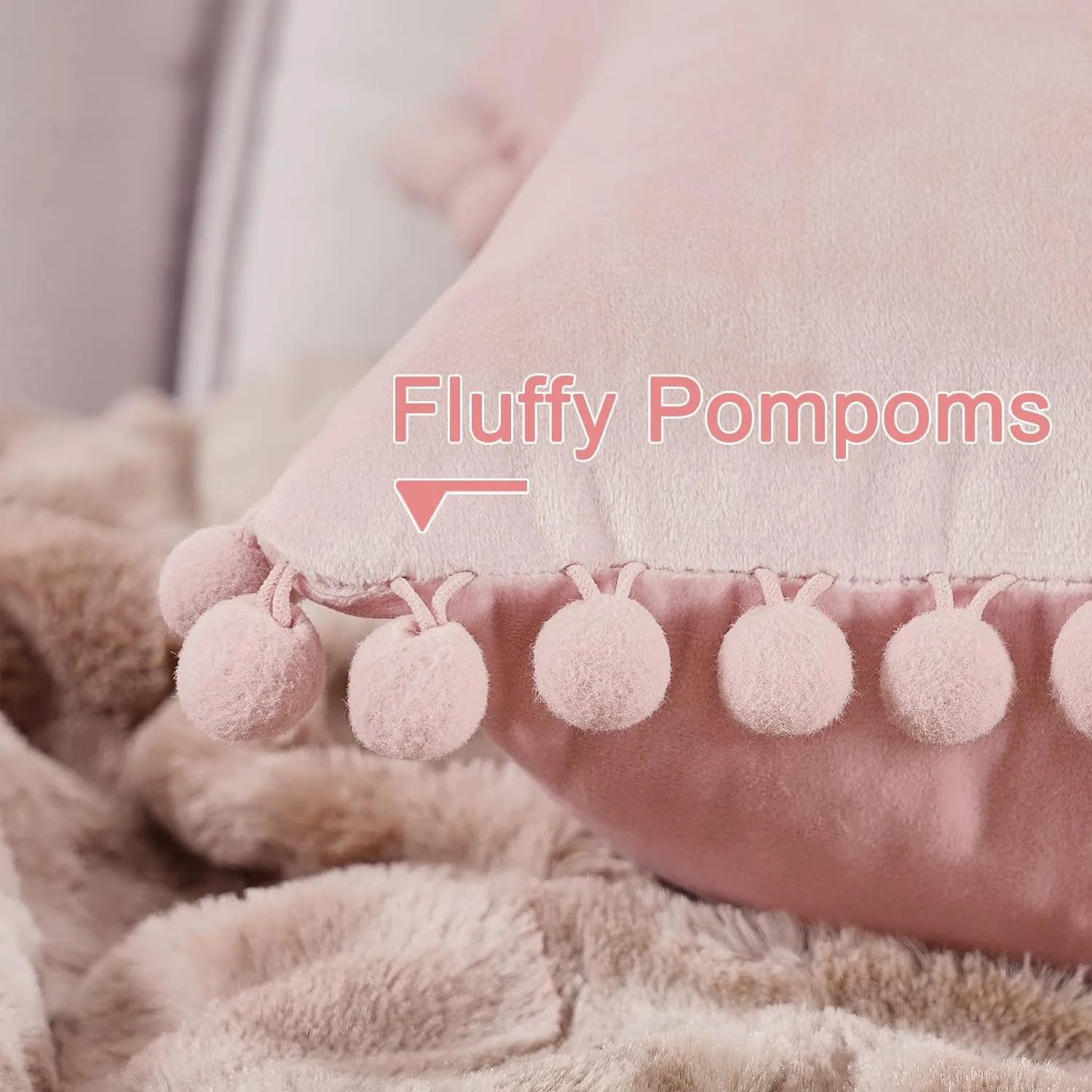 Top Finel Blush Pink Decorative Throw Pillow Covers for Couch Bed 20x20 Soft Velvet Pillow Coveres Set of 2 Cute Square Cushion Covers with Pom-poms for Bedroom Livingroom Aesthetic Home Decor