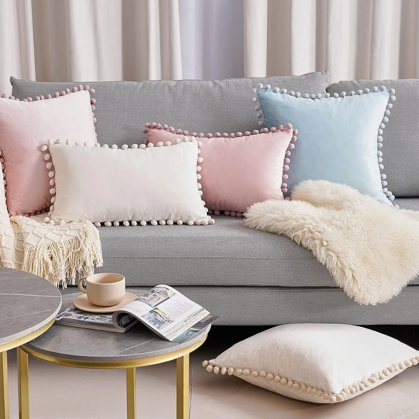 Top Finel Blush Pink Decorative Throw Pillow Covers for Couch Bed 20x20 Soft Velvet Pillow Coveres Set of 2 Cute Square Cushion Covers with Pom-poms for Bedroom Livingroom Aesthetic Home Decor
