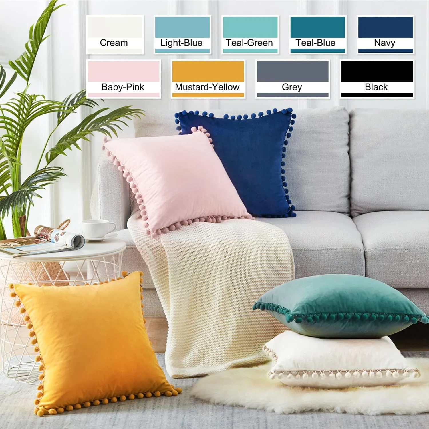 Top Finel Blush Pink Decorative Throw Pillow Covers for Couch Bed 20x20 Soft Velvet Pillow Coveres Set of 2 Cute Square Cushion Covers with Pom-poms for Bedroom Livingroom Aesthetic Home Decor
