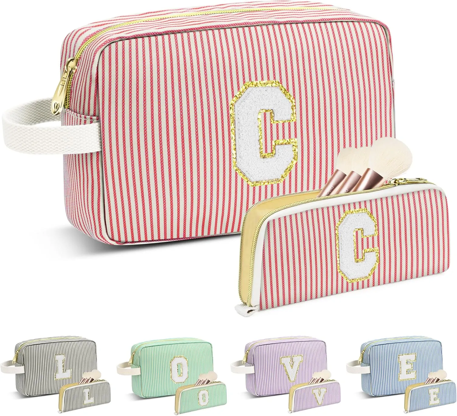 Travel Makeup Bag Gift for Women Girl Teens Preppy Stuff Cosmetic Bag Set, Cute Make Up Bag With Handle Personalized Initial Makeup Pouch Skin Care with Makeup Brush Bag Letter C (Red&White Stripes)