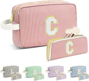 Travel Makeup Bag Gift for Women Girl Teens Preppy Stuff Cosmetic Bag Set, Cute Make Up Bag With Handle Personalized Initial Makeup Pouch Skin Care with Makeup Brush Bag Letter C (Red&White Stripes)