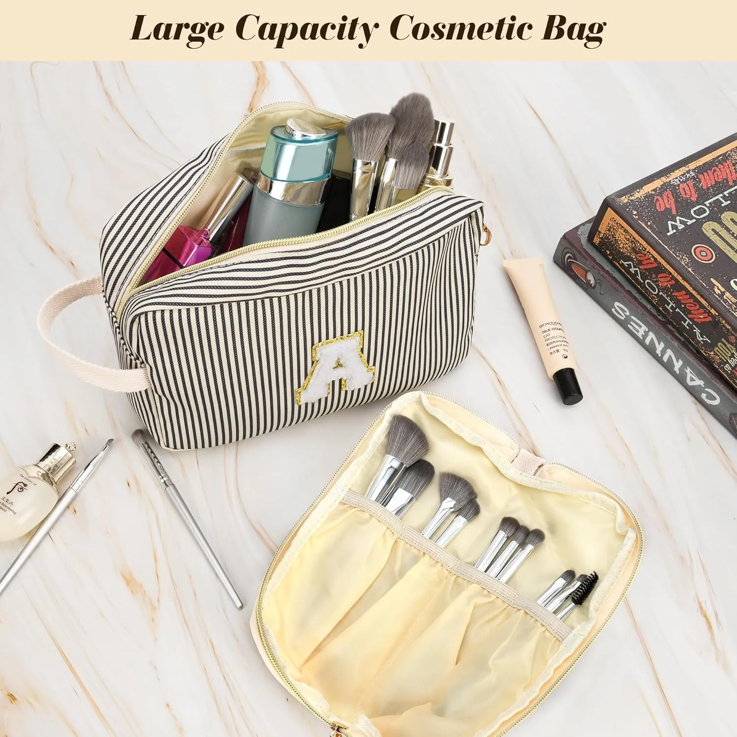 Travel Makeup Bag Gift for Women Girl Teens Preppy Stuff Cosmetic Bag Set, Cute Make Up Bag With Handle Personalized Initial Makeup Pouch Skin Care with Makeup Brush Bag Letter C (Red&White Stripes)