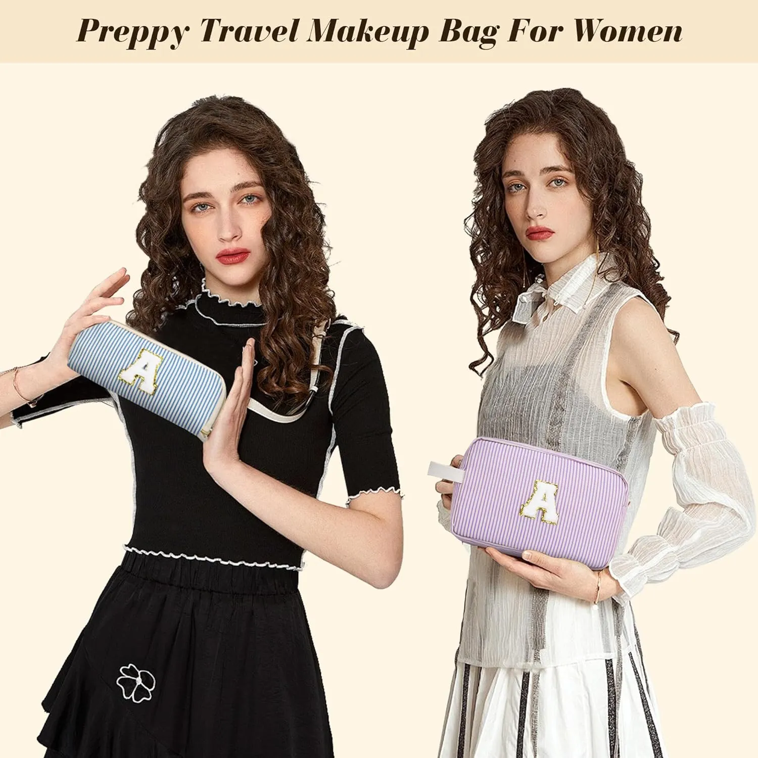 Travel Makeup Bag Gift for Women Girl Teens Preppy Stuff Cosmetic Bag Set, Cute Make Up Bag With Handle Personalized Initial Makeup Pouch Skin Care with Makeup Brush Bag Letter C (Red&White Stripes)