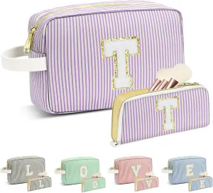 Travel Makeup Bag Gift for Women Girl Teens Preppy Stuff Cosmetic Bag Set, Cute Make Up Bag With Handle Personalized Initial Makeup Pouch Skin Care with Makeup Brush Bag Letter T(Purple&White Stripes)