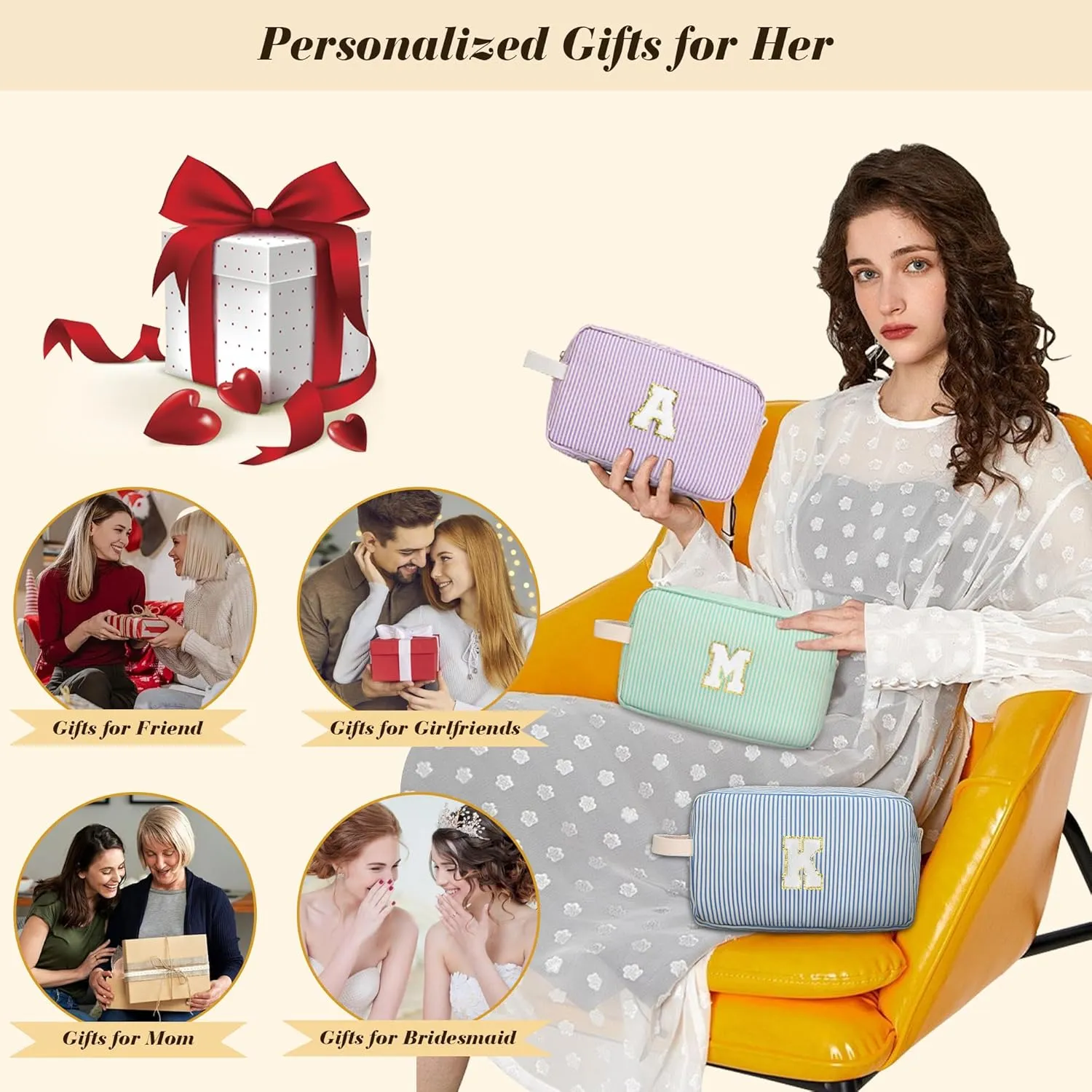 Travel Makeup Bag Gift for Women Girl Teens Preppy Stuff Cosmetic Bag Set, Cute Make Up Bag With Handle Personalized Initial Makeup Pouch Skin Care with Makeup Brush Bag Letter T(Purple&White Stripes)