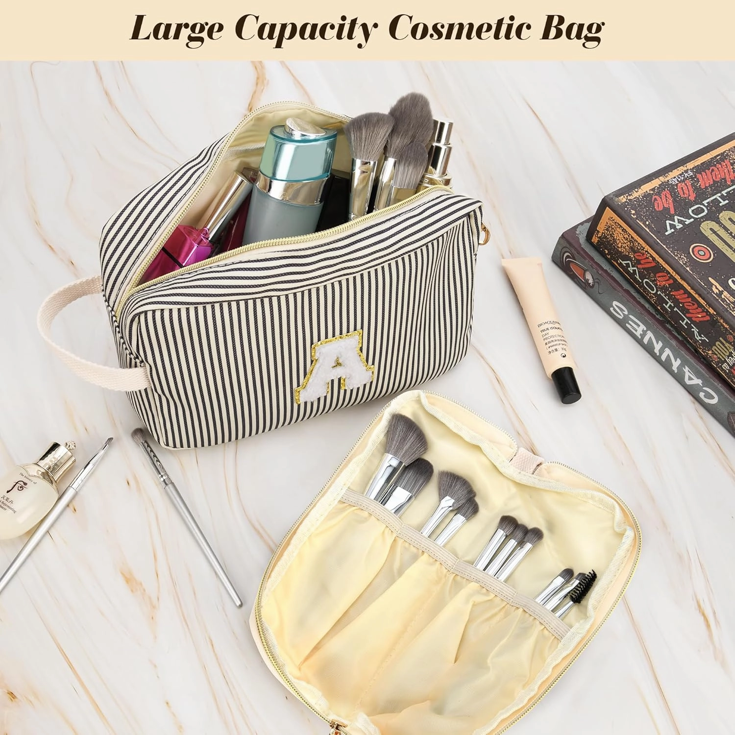 Travel Makeup Bag Gift for Women Girl Teens Preppy Stuff Cosmetic Bag Set, Cute Make Up Bag With Handle Personalized Initial Makeup Pouch Skin Care with Makeup Brush Bag Letter A (Green&White Stripes)