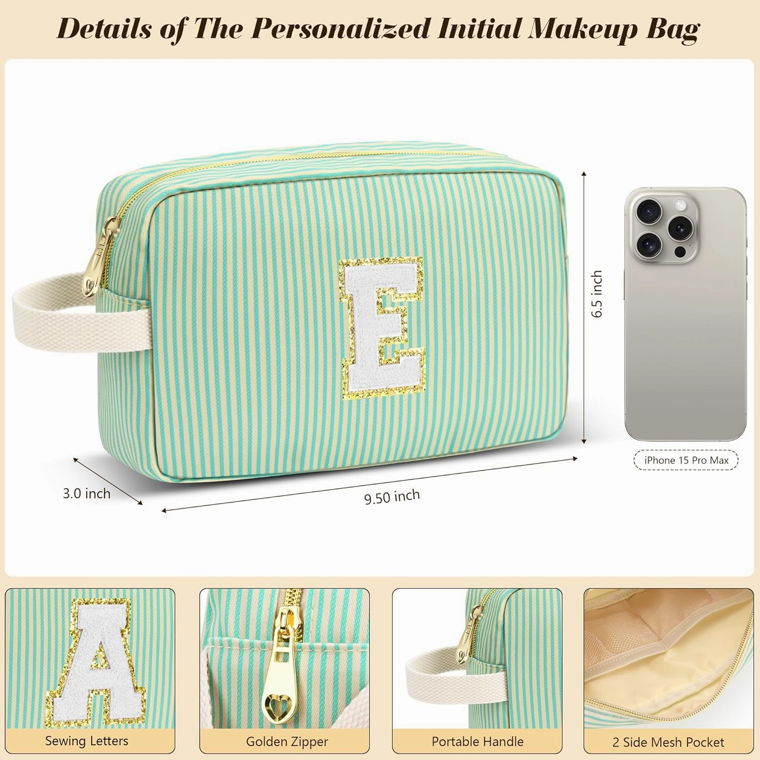 Travel Makeup Bag Gift for Women Girl Teens Preppy Stuff Cosmetic Bag Set, Cute Make Up Bag With Handle Personalized Initial Makeup Pouch Skin Care with Makeup Brush Bag Letter A (Green&White Stripes)