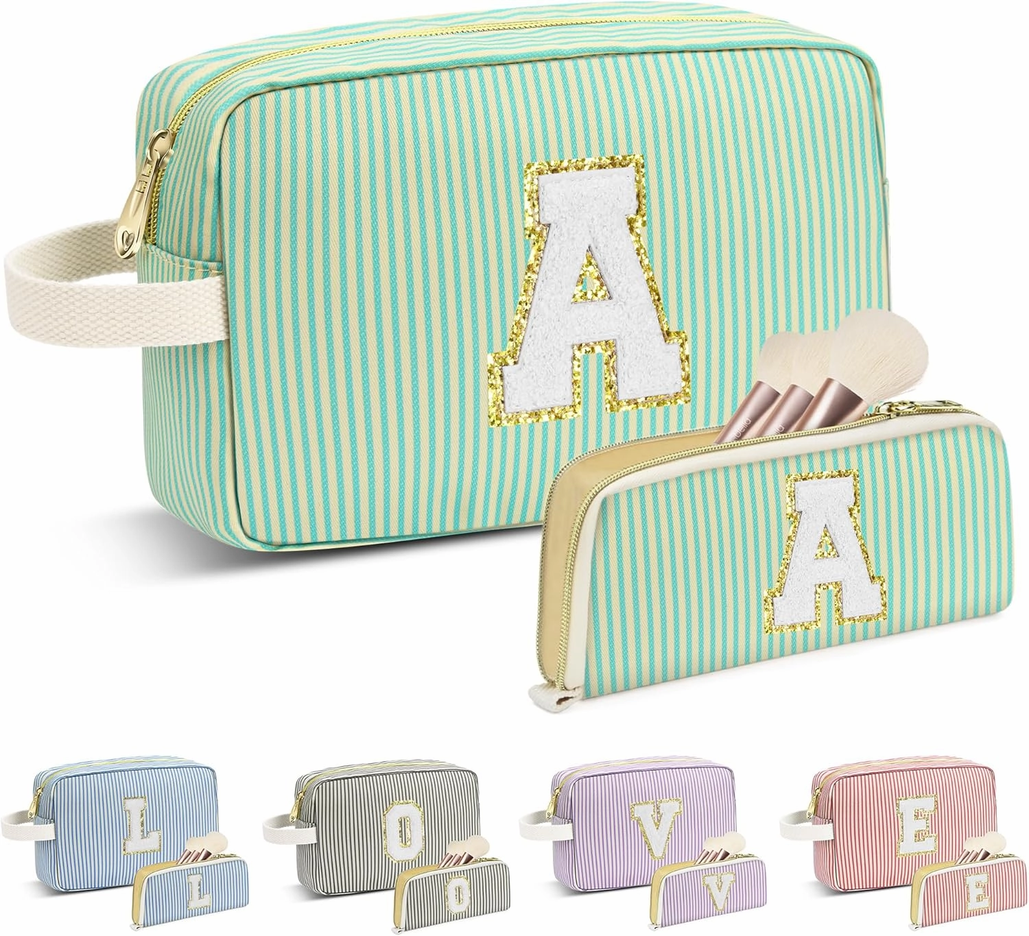 Travel Makeup Bag Gift for Women Girl Teens Preppy Stuff Cosmetic Bag Set, Cute Make Up Bag With Handle Personalized Initial Makeup Pouch Skin Care with Makeup Brush Bag Letter A (Green&White Stripes)