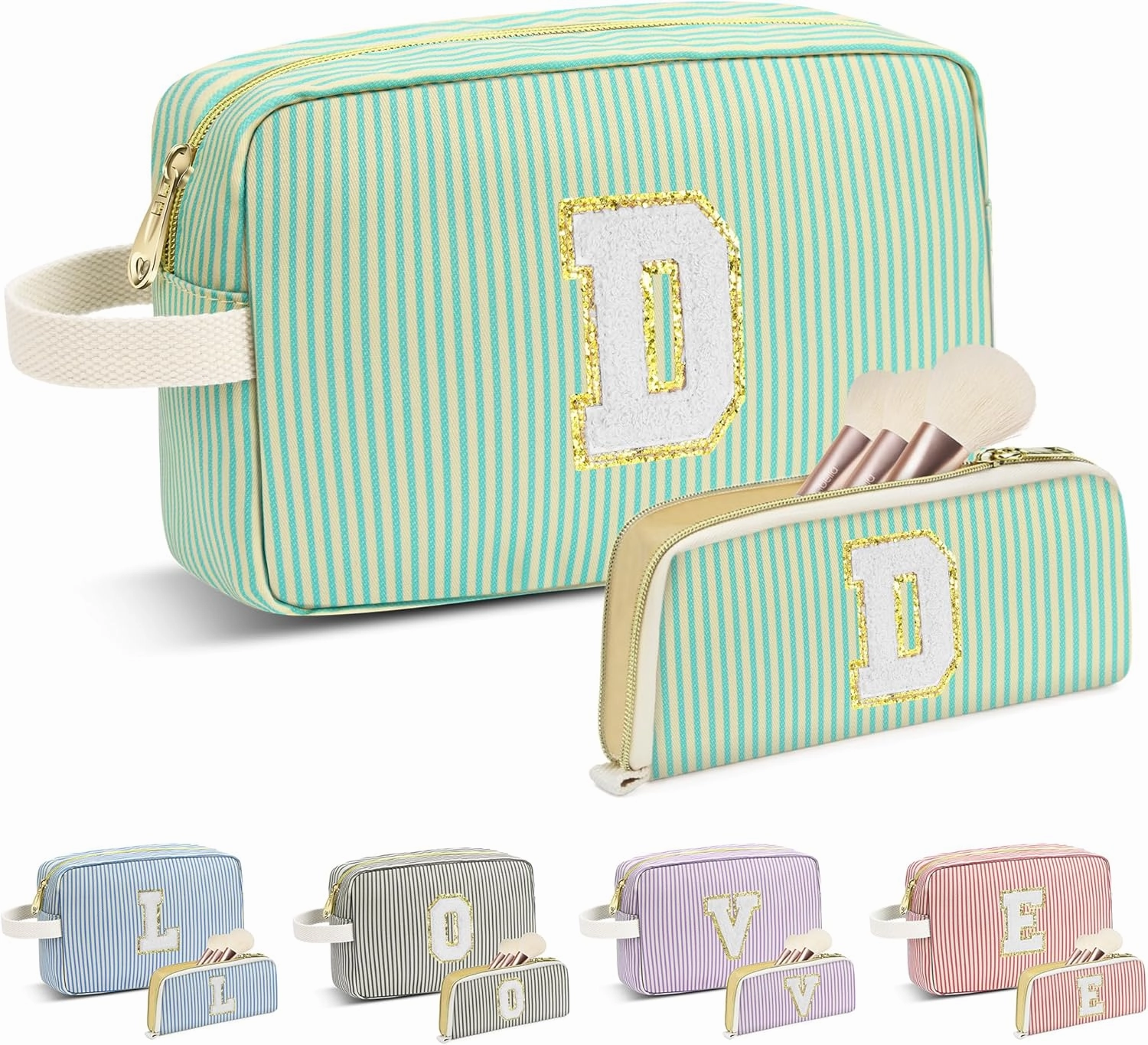 Travel Makeup Bag Gift for Women Girl Teens Preppy Stuff Cosmetic Bag Set, Cute Make Up Bag With Handle Personalized Initial Makeup Pouch Skin Care with Makeup Brush Bag Letter D (Green&White Stripes)