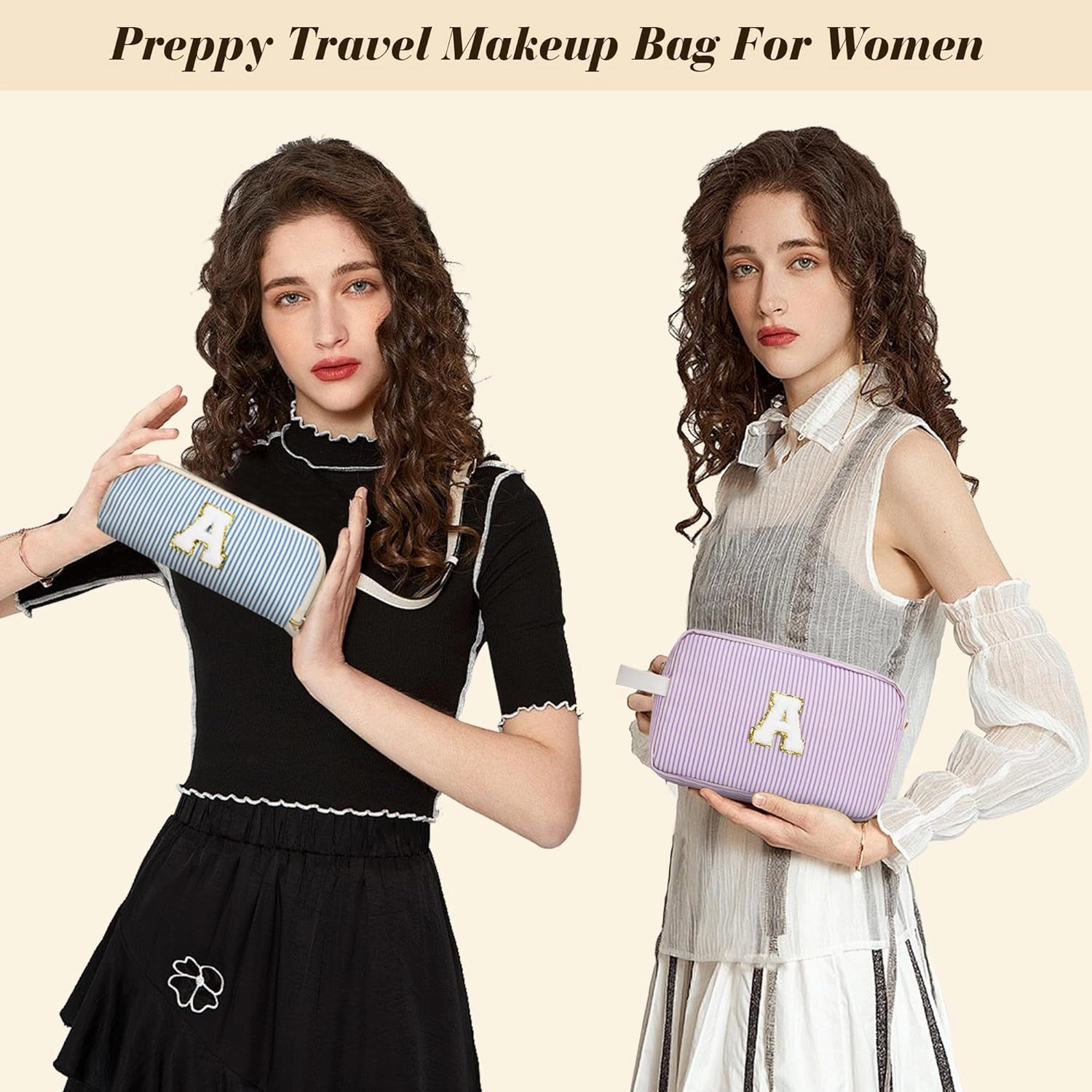 Travel Makeup Bag Gift for Women Girl Teens Preppy Stuff Cosmetic Bag Set, Cute Make Up Bag With Handle Personalized Initial Makeup Pouch Skin Care with Makeup Brush Bag Letter D (Green&White Stripes)