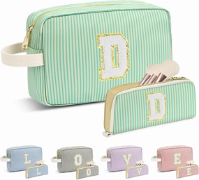 Travel Makeup Bag Gift for Women Girl Teens Preppy Stuff Cosmetic Bag Set, Cute Make Up Bag With Handle Personalized Initial Makeup Pouch Skin Care with Makeup Brush Bag Letter D (Green&White Stripes)