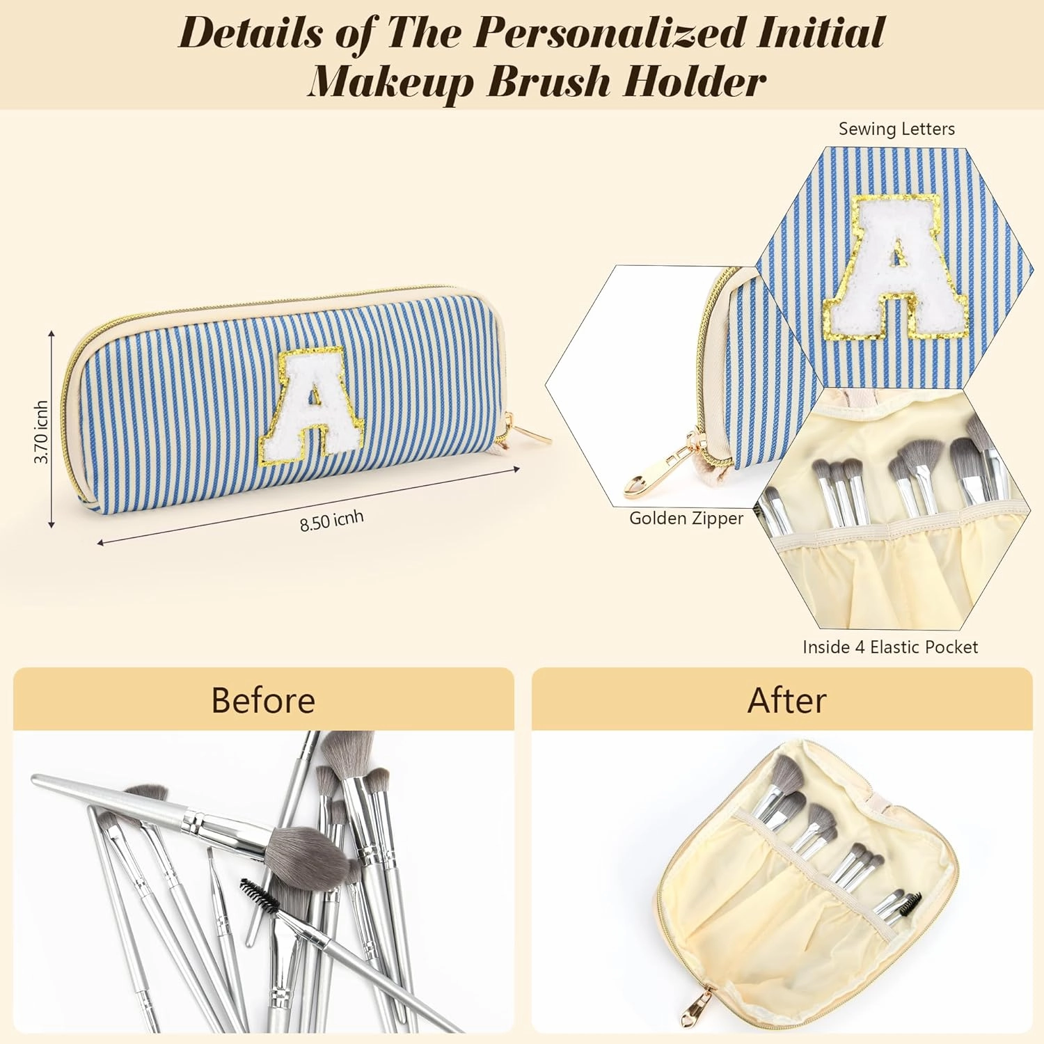 Travel Makeup Bag Gift for Women Girl Teens Preppy Stuff Cosmetic Bag Set, Cute Make Up Bag With Handle Personalized Initial Makeup Pouch Skin Care with Makeup Brush Bag Letter D (Green&White Stripes)