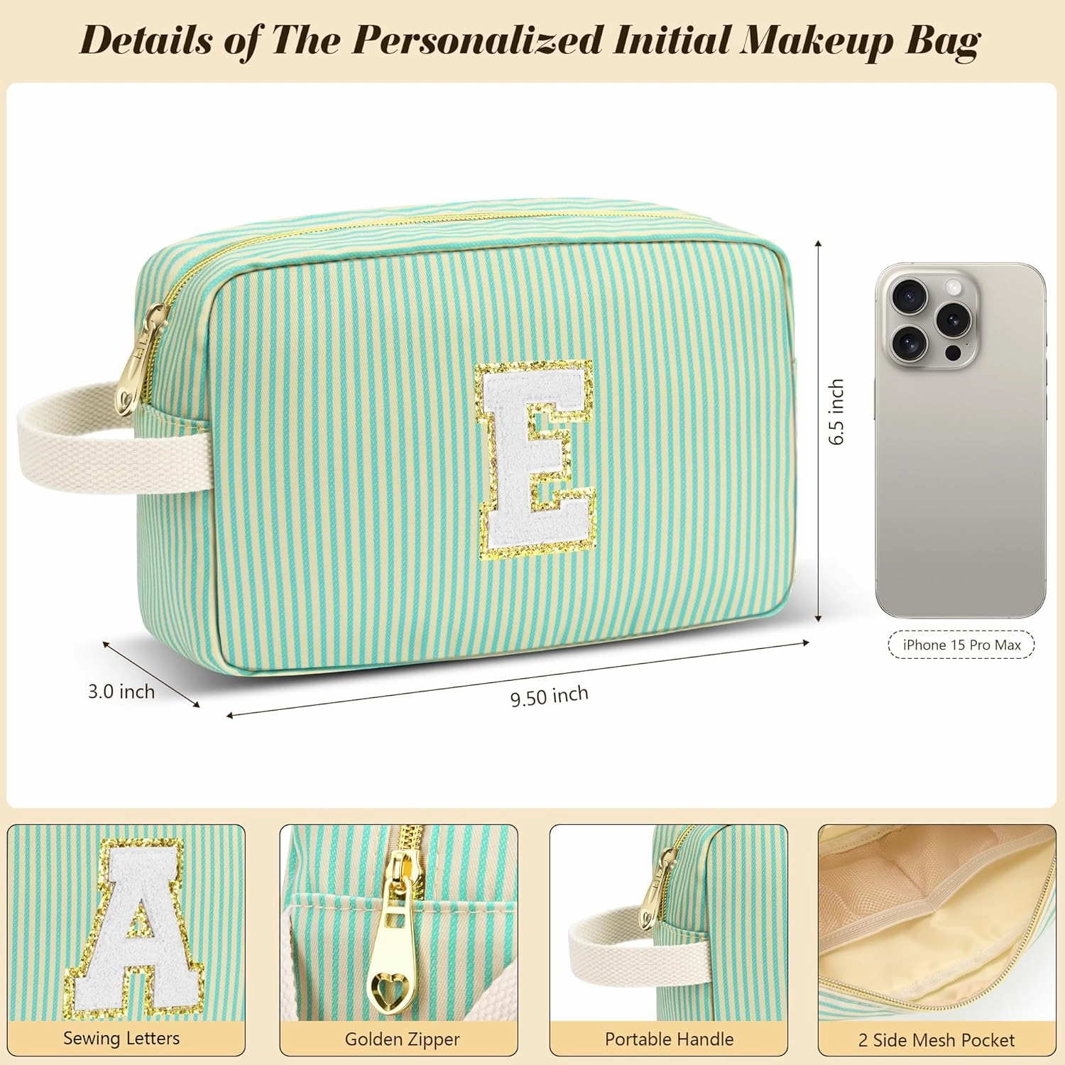 Travel Makeup Bag Gift for Women Girl Teens Preppy Stuff Cosmetic Bag Set, Cute Make Up Bag With Handle Personalized Initial Makeup Pouch Skin Care with Makeup Brush Bag Letter D (Green&White Stripes)