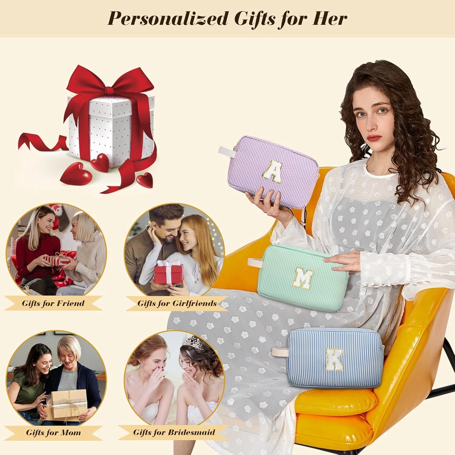 Travel Makeup Bag Gift for Women Girl Teens Preppy Stuff Cosmetic Bag Set, Cute Make Up Bag With Handle Personalized Initial Makeup Pouch Skin Care with Makeup Brush Bag Letter D (Green&White Stripes)