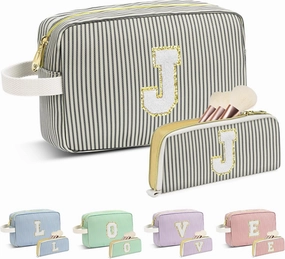 Travel Makeup Bag Gift for Women Girl Teens Preppy Stuff Cosmetic Bag Set, Cute Make Up Bag With Handle Personalized Initial Makeup Pouch Skin Care with Makeup Brush Bag Letter J (Black&White Stripes)
