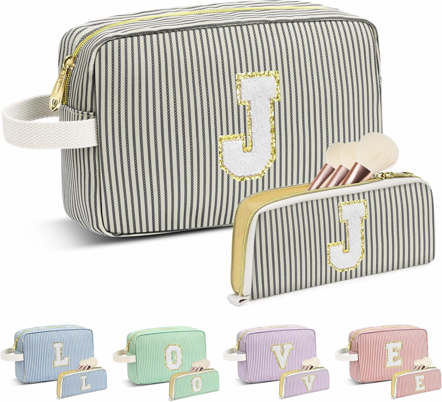 Travel Makeup Bag Gift for Women Girl Teens Preppy Stuff Cosmetic Bag Set, Cute Make Up Bag With Handle Personalized Initial Makeup Pouch Skin Care with Makeup Brush Bag Letter J (Black&White Stripes)