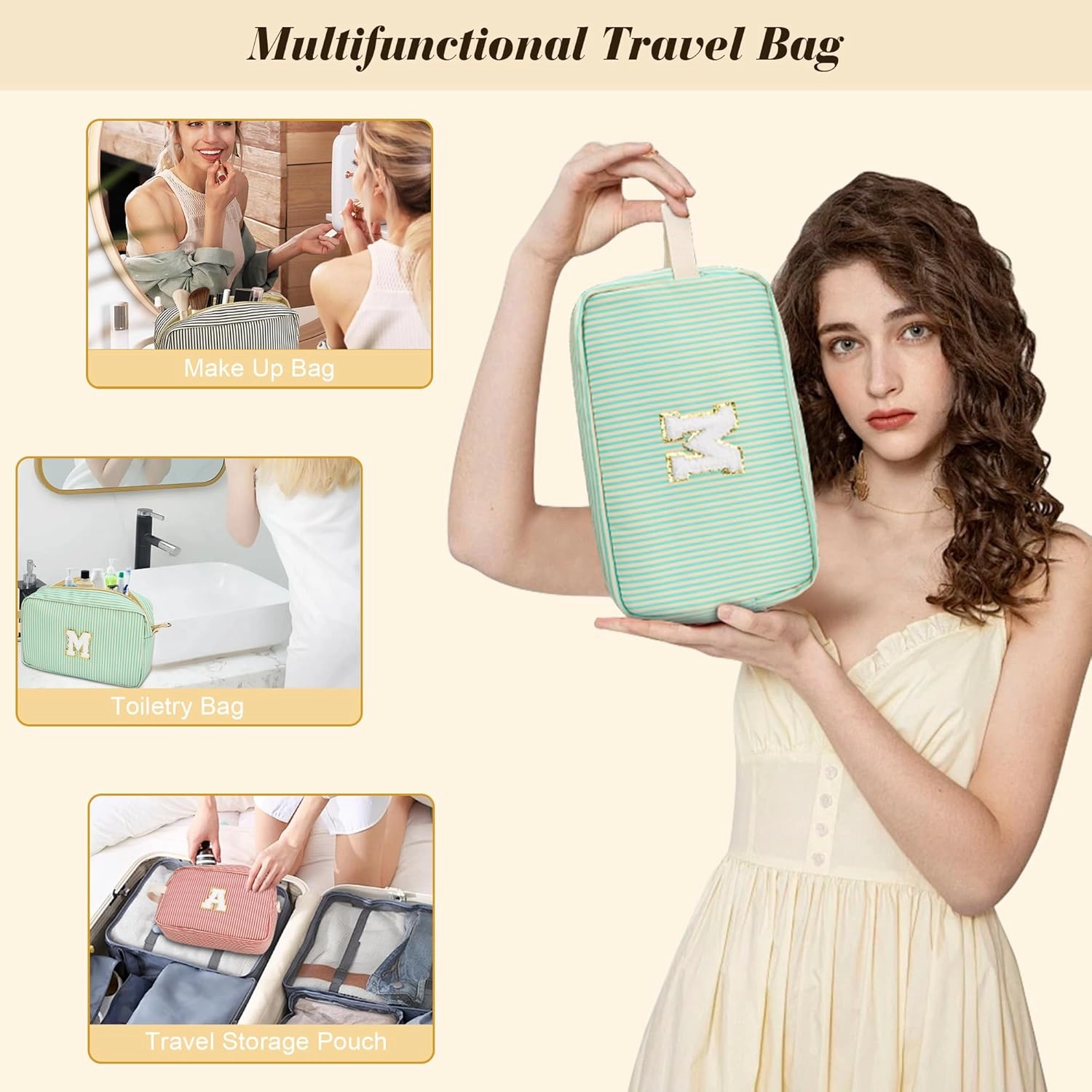 Travel Makeup Bag Gift for Women Girl Teens Preppy Stuff Cosmetic Bag Set, Cute Make Up Bag With Handle Personalized Initial Makeup Pouch Skin Care with Makeup Brush Bag Letter S (Blue&White Stripes)