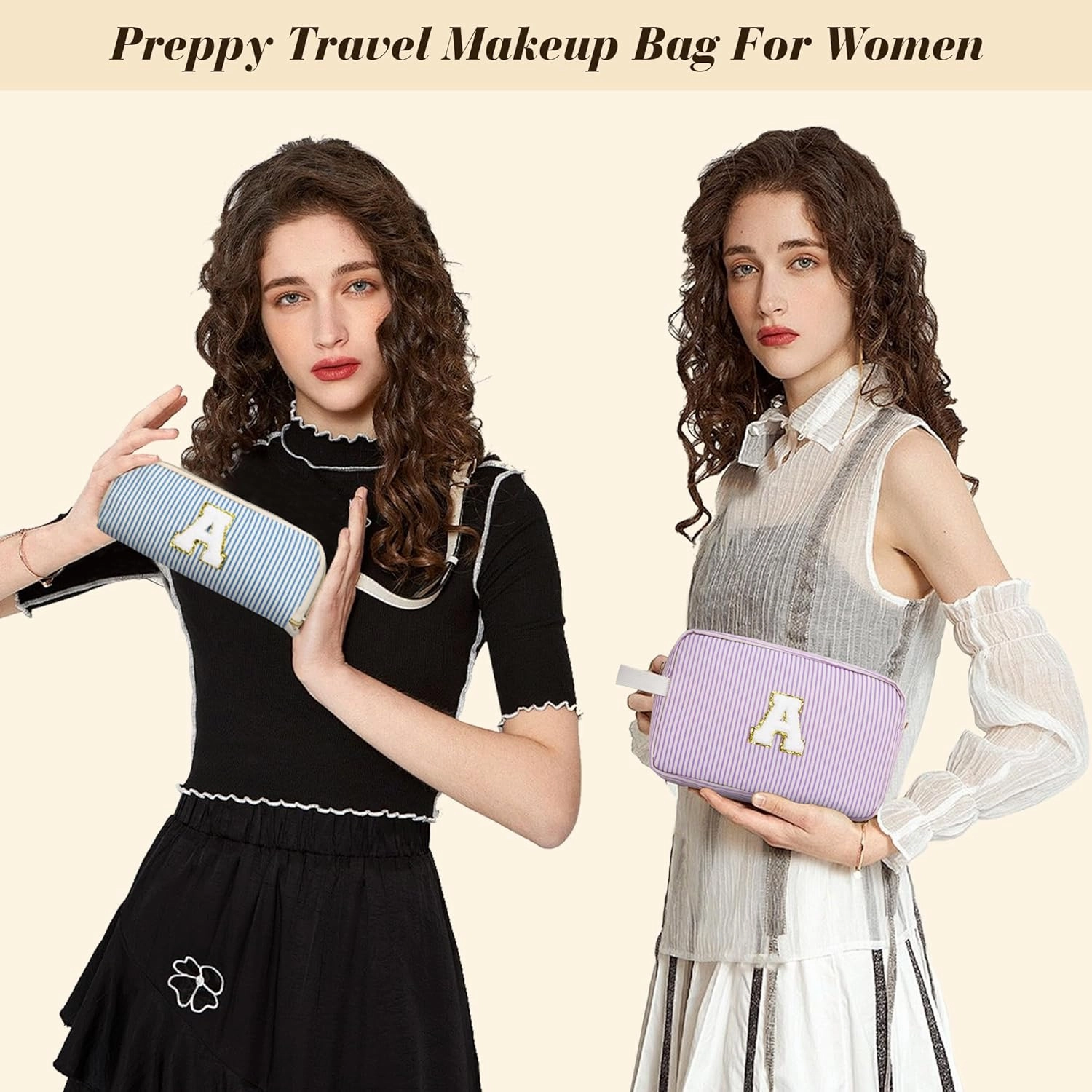 Travel Makeup Bag Gift for Women Girl Teens Preppy Stuff Cosmetic Bag Set, Cute Make Up Bag With Handle Personalized Initial Makeup Pouch Skin Care with Makeup Brush Bag Letter S (Blue&White Stripes)