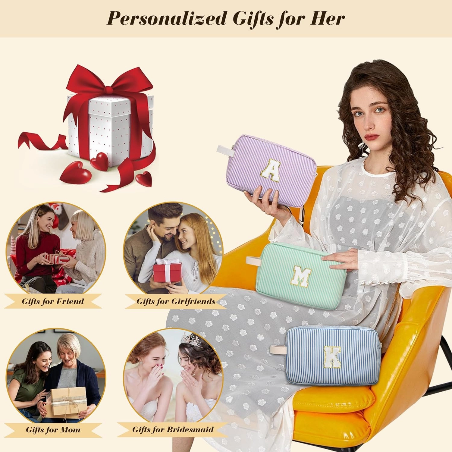 Travel Makeup Bag Gift for Women Girl Teens Preppy Stuff Cosmetic Bag Set, Cute Make Up Bag With Handle Personalized Initial Makeup Pouch Skin Care with Makeup Brush Bag Letter S (Blue&White Stripes)
