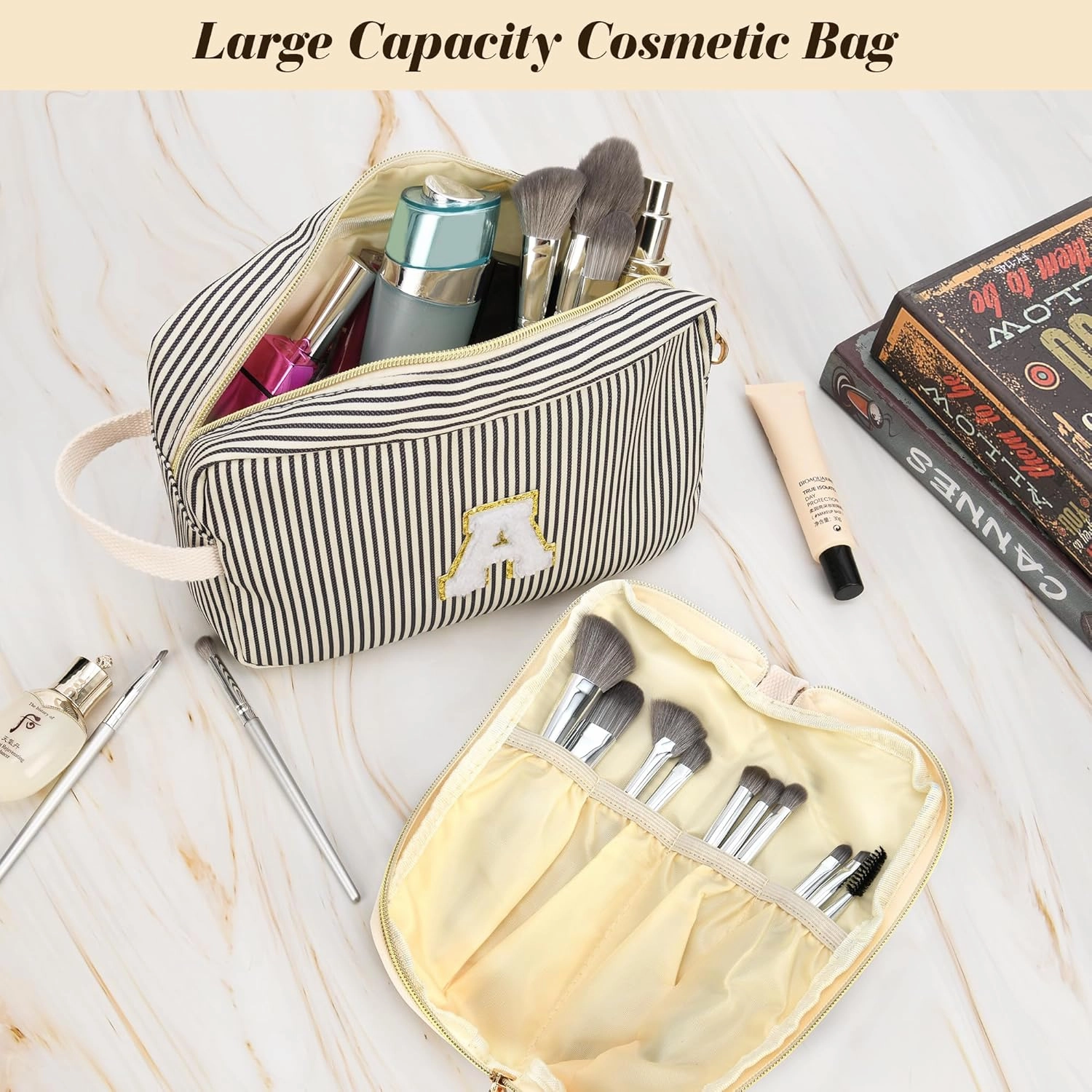 Travel Makeup Bag Gift for Women Girl Teens Preppy Stuff Cosmetic Bag Set, Cute Make Up Bag With Handle Personalized Initial Makeup Pouch Skin Care with Makeup Brush Bag Letter S (Blue&White Stripes)