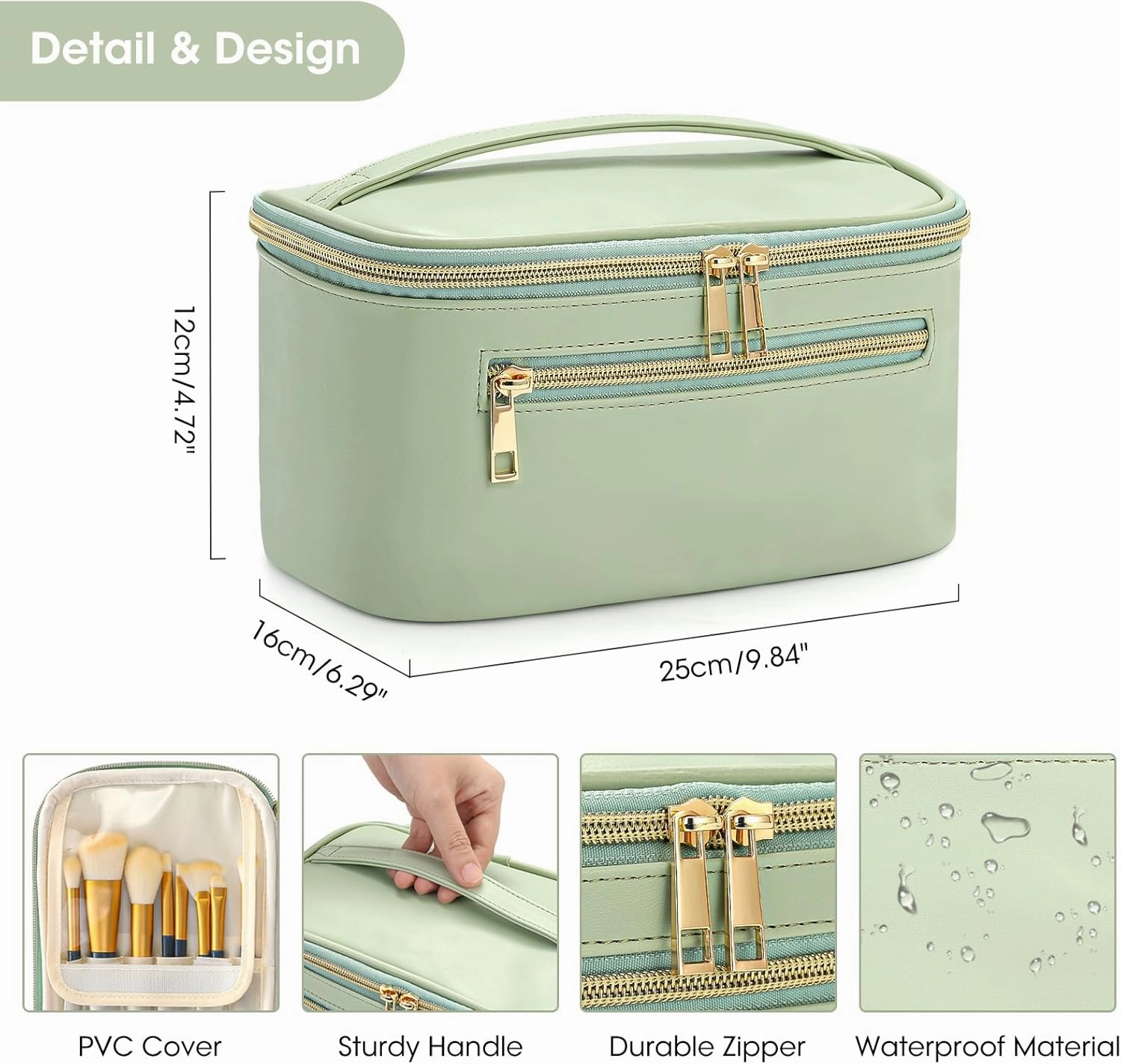 Travel Makeup Bag Organizer, Large Capacity Cosmetic Pouch for Women, Waterproof Make Up with Divider, Clamshell Makeup Case Make Up Bag with Handle and Metal Zipper, Travel Essentials Green