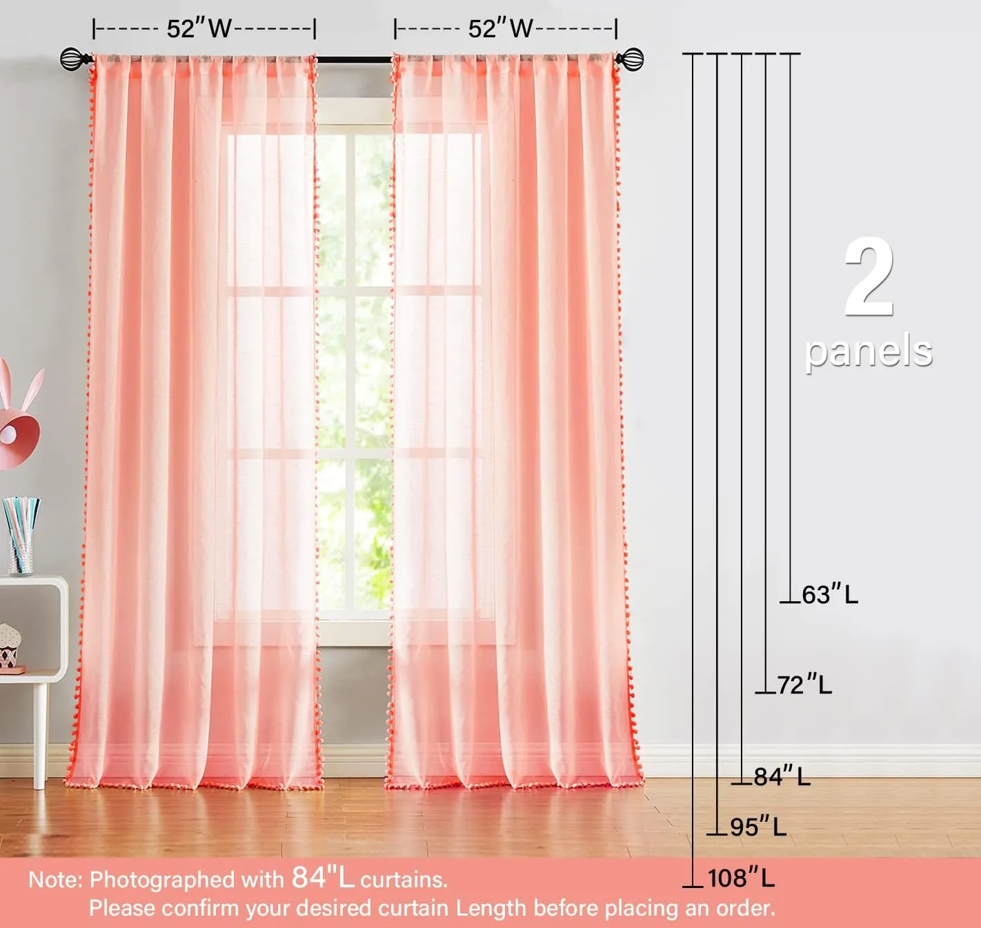 Treatmentex Pompom Sheer Curtain Panels for Living Room Bedroom 52" w x 108" l Blush-Pink Window Curtain Drapes for Baby Girl's Room