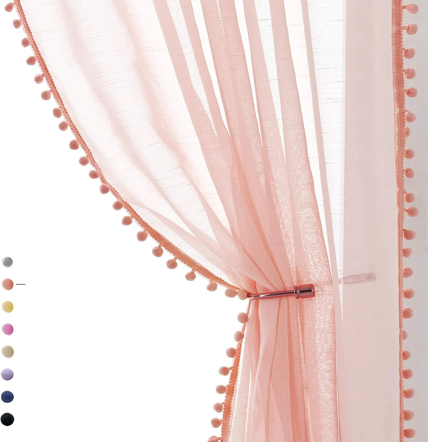 Treatmentex Pompom Sheer Curtain Panels for Living Room Bedroom 52" w x 108" l Blush-Pink Window Curtain Drapes for Baby Girl's Room