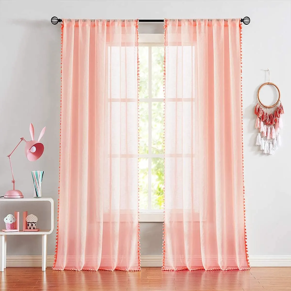 Treatmentex Pompom Sheer Curtain Panels for Living Room Bedroom 52" w x 108" l Blush-Pink Window Curtain Drapes for Baby Girl's Room
