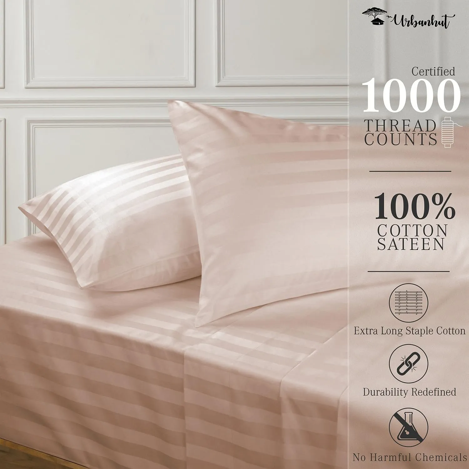 URBANHUT 1000 Thread Count Damask Striped King Size Egyptian Cotton Sheets, Long Staple Soft & Breathable, 4 Pc Bed Sheet Sets, Luxury Hotel Sateen Sheets Fits 16" Deep Pocket - Blush Pink
