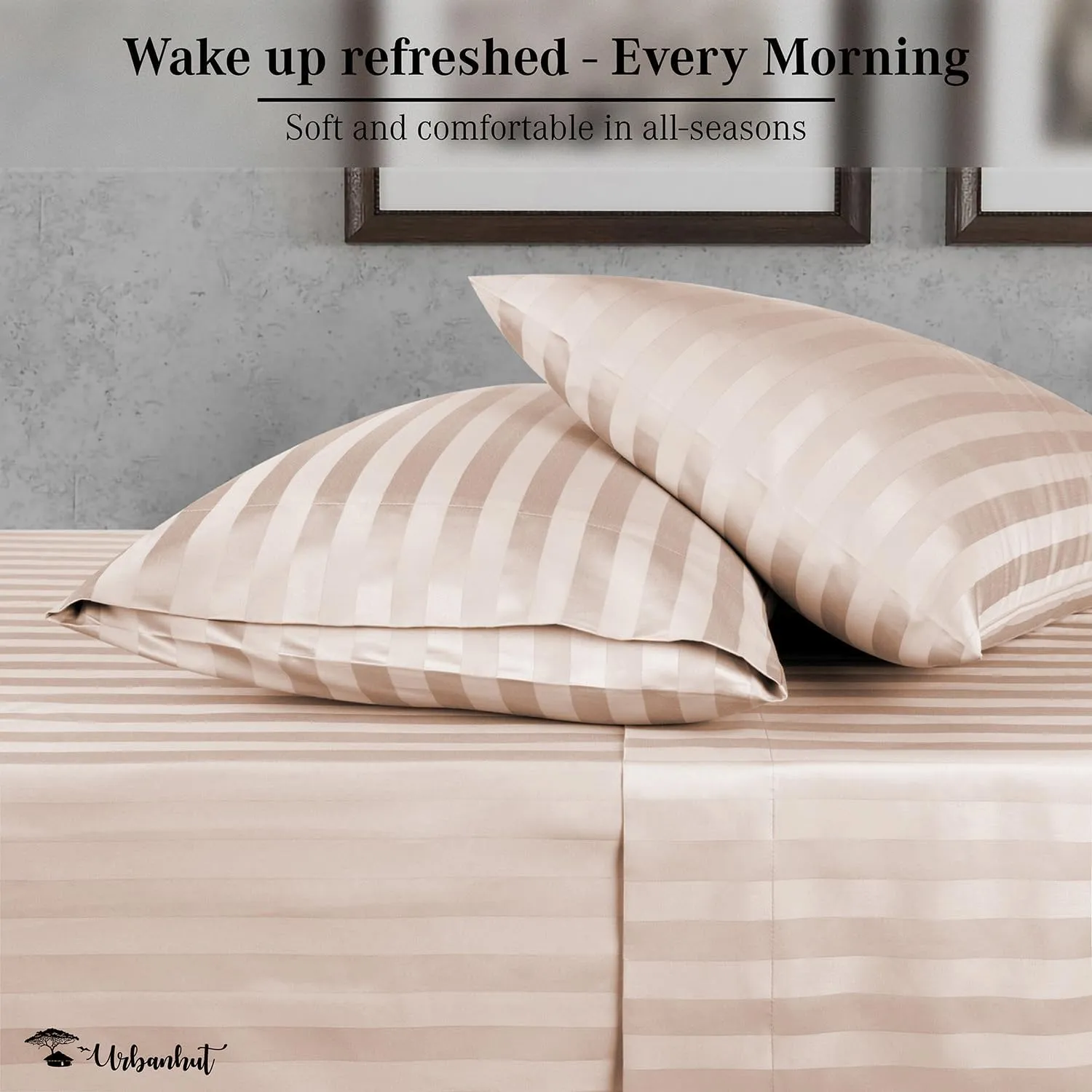 URBANHUT 1000 Thread Count Damask Striped King Size Egyptian Cotton Sheets, Long Staple Soft & Breathable, 4 Pc Bed Sheet Sets, Luxury Hotel Sateen Sheets Fits 16" Deep Pocket - Blush Pink