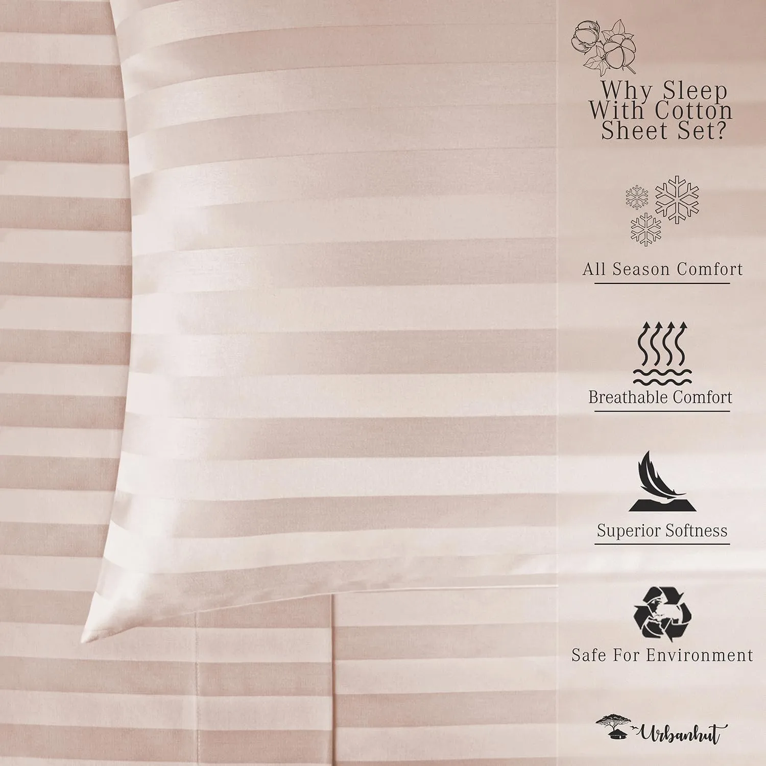 URBANHUT 800 Thread Count Egyptian Cotton Damask Striped Queen Size Sheets Set (4 Pc) - Ultra Soft & Smooth, Sateen Weave Queen Size Sheets, Luxury Hotel Sheets with 16" Deep Pocket - Blush Pink