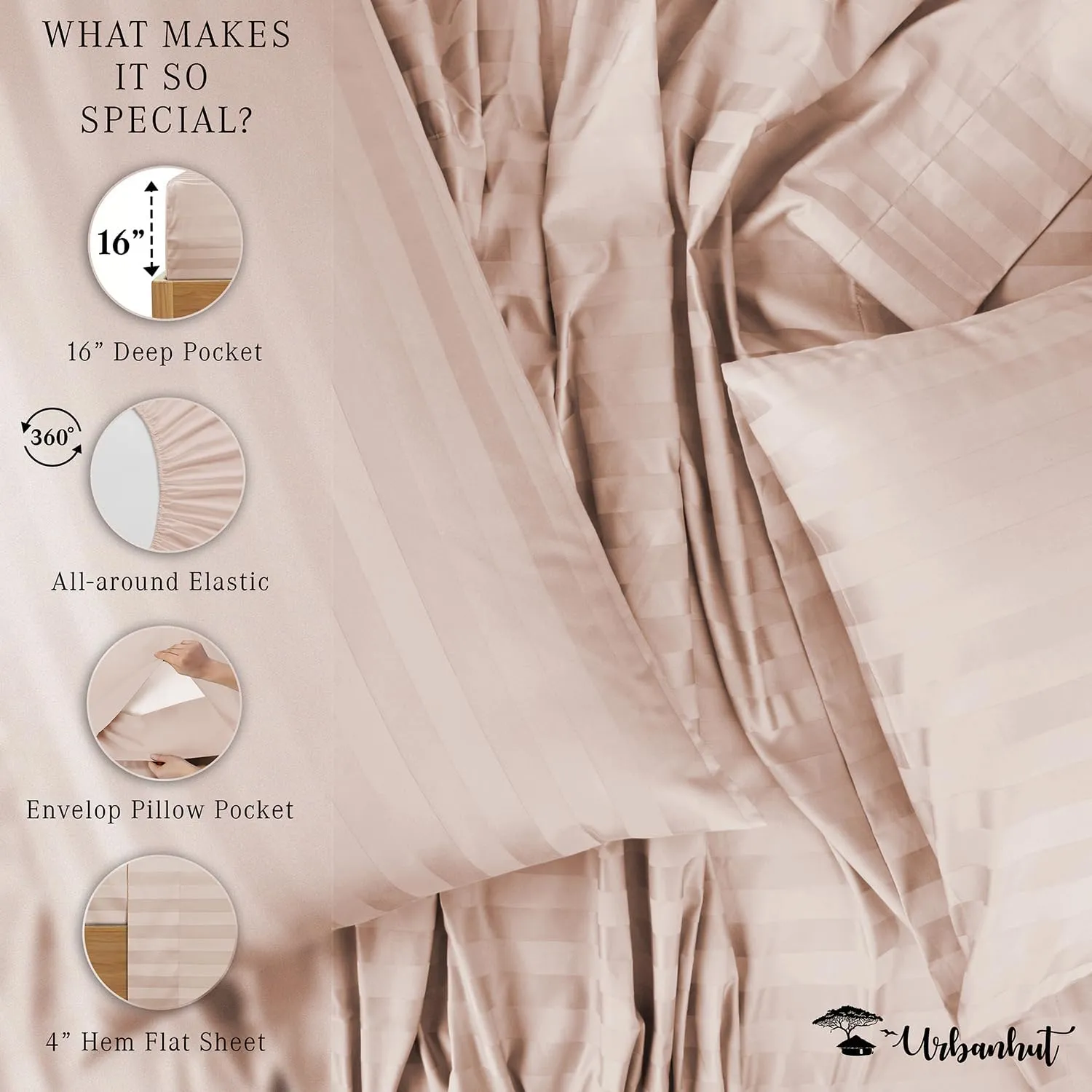 URBANHUT 800 Thread Count Egyptian Cotton Damask Striped Queen Size Sheets Set (4 Pc) - Ultra Soft & Smooth, Sateen Weave Queen Size Sheets, Luxury Hotel Sheets with 16" Deep Pocket - Blush Pink
