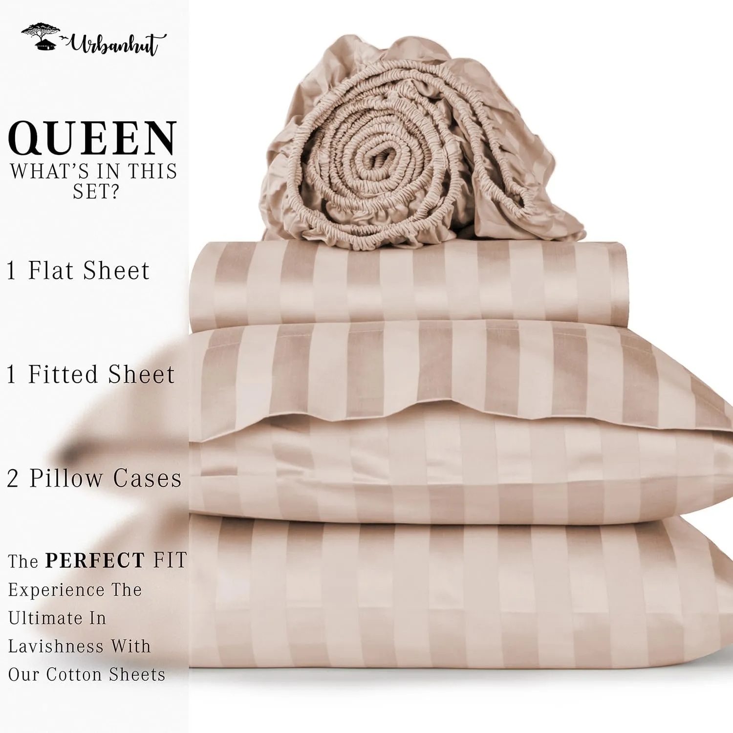 URBANHUT 800 Thread Count Egyptian Cotton Damask Striped Queen Size Sheets Set (4 Pc) - Ultra Soft & Smooth, Sateen Weave Queen Size Sheets, Luxury Hotel Sheets with 16" Deep Pocket - Blush Pink
