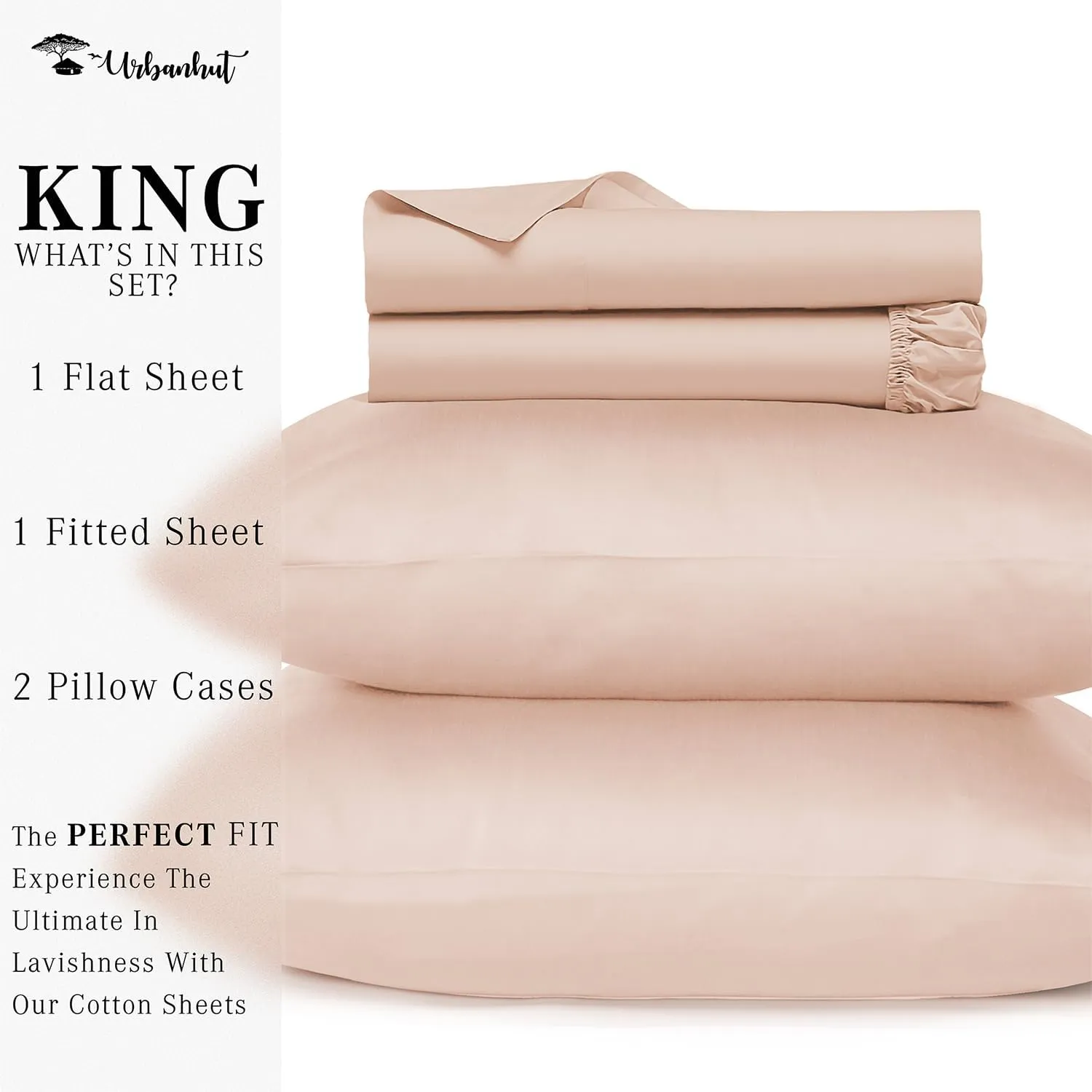 URBANHUT 800 Thread Count King Size Egyptian Cotton Sheets Set, 4 Pc Bed Sheet Sets for King Size Bedding, Luxury Hotel Sheets Sateen Finish Fits 16" Deep Pocket - Blush Pink