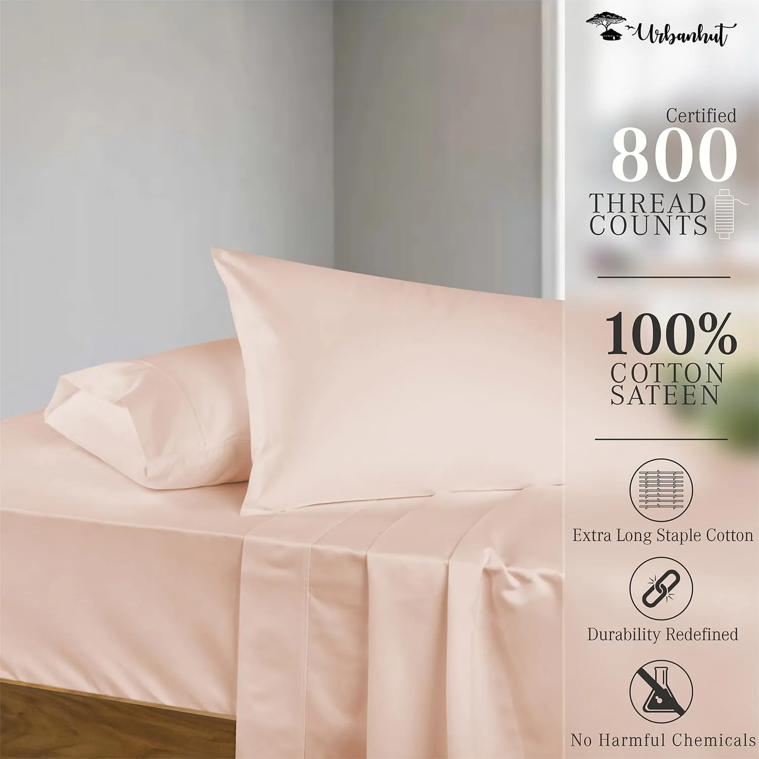 URBANHUT 800 Thread Count King Size Egyptian Cotton Sheets Set, 4 Pc Bed Sheet Sets for King Size Bedding, Luxury Hotel Sheets Sateen Finish Fits 16" Deep Pocket - Blush Pink