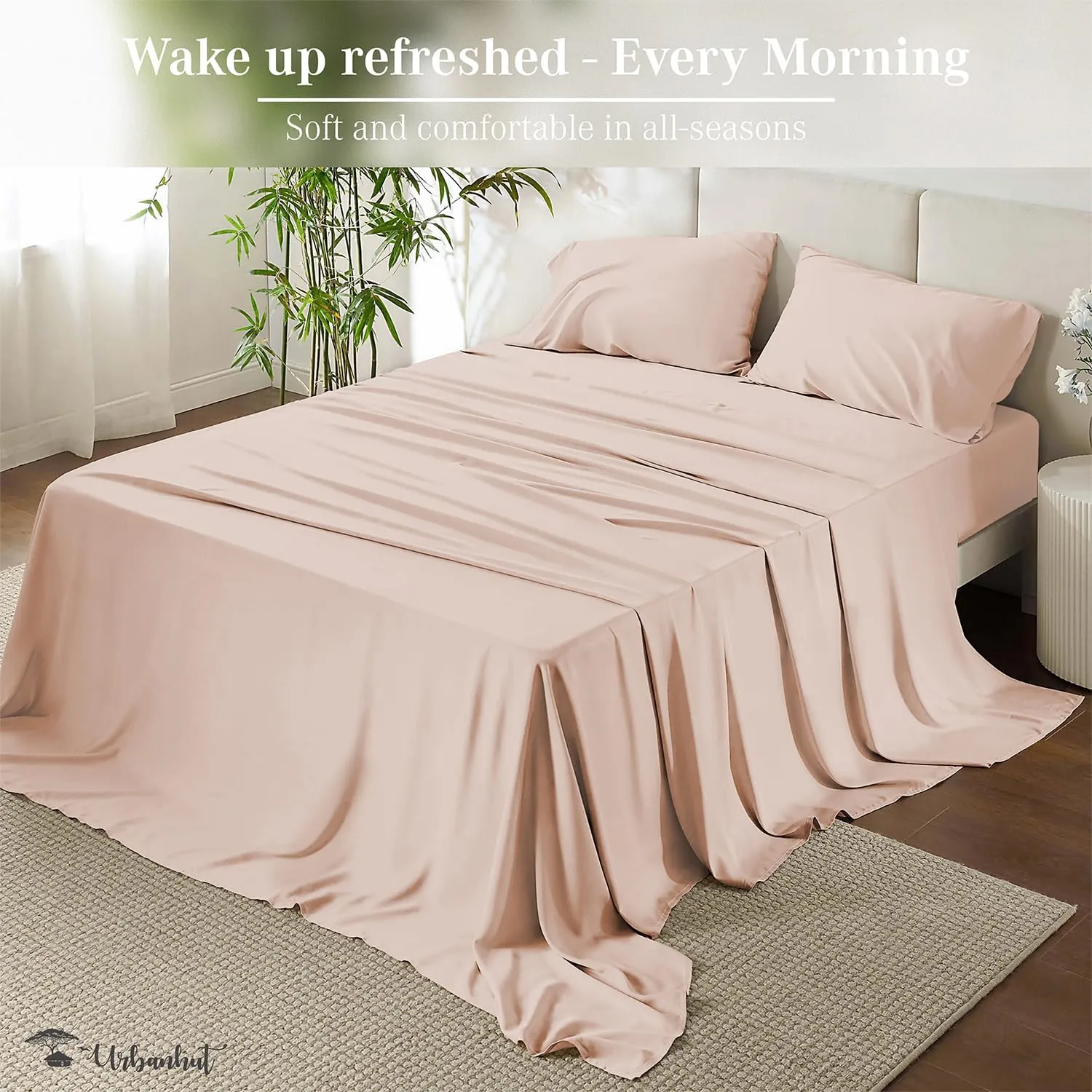 URBANHUT 800 Thread Count Queen Size Egyptian Cotton Sheets Set, 4 Pc Bed Sheet Sets for Queen Size Bedding, Luxury Hotel Sheets Sateen Finish Fits 16" Deep Pocket - Blush Pink