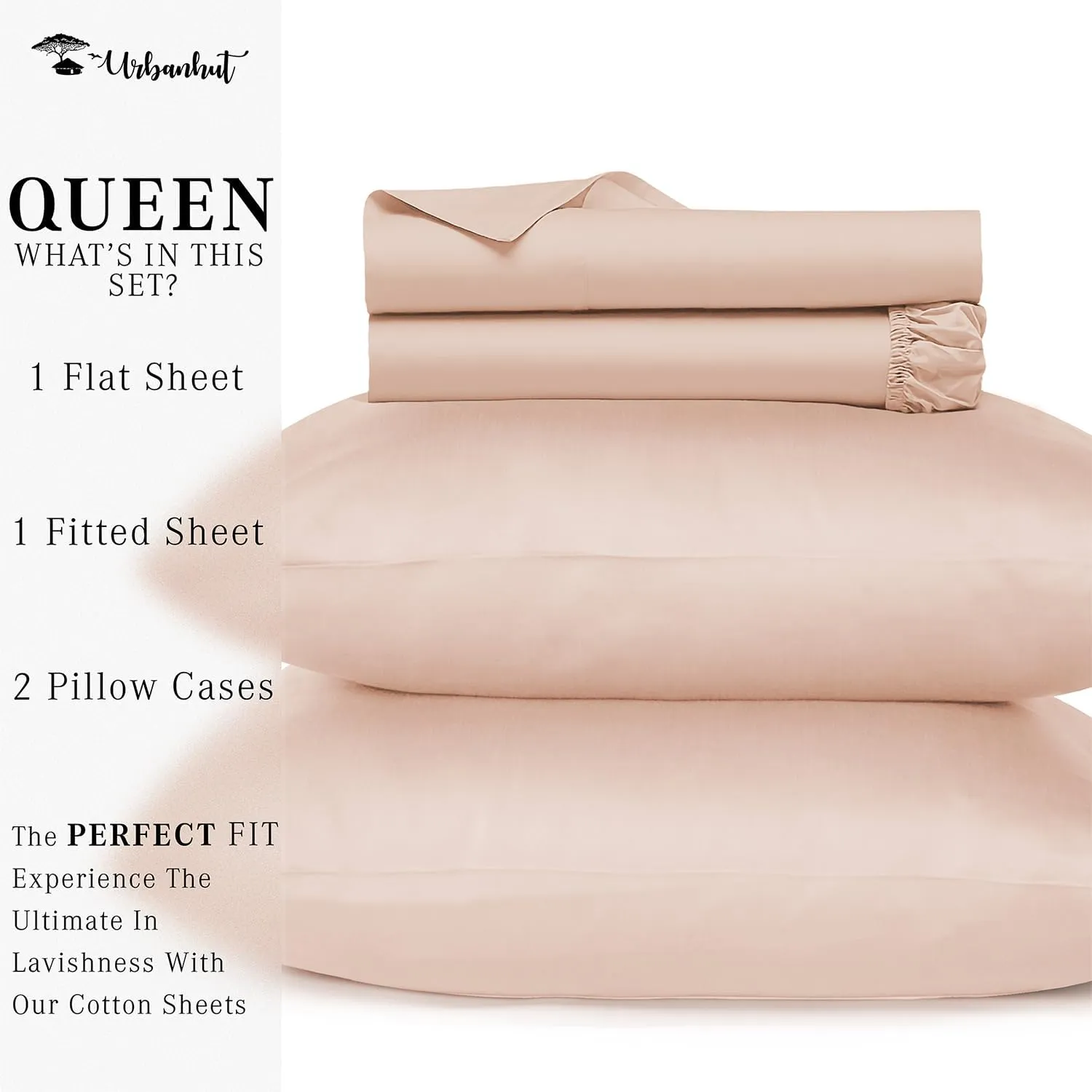 URBANHUT 800 Thread Count Queen Size Egyptian Cotton Sheets Set, 4 Pc Bed Sheet Sets for Queen Size Bedding, Luxury Hotel Sheets Sateen Finish Fits 16" Deep Pocket - Blush Pink