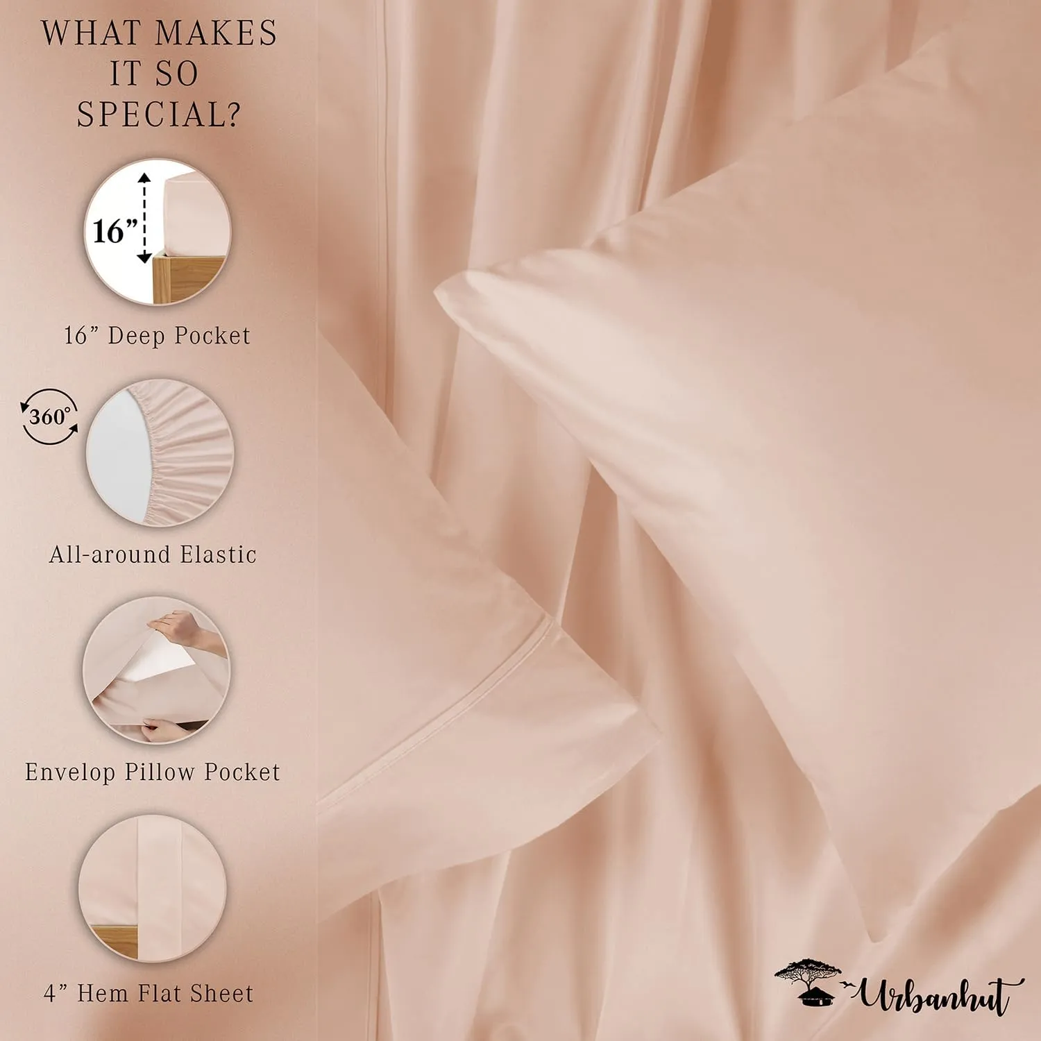 URBANHUT 800 Thread Count Queen Size Egyptian Cotton Sheets Set, 4 Pc Bed Sheet Sets for Queen Size Bedding, Luxury Hotel Sheets Sateen Finish Fits 16" Deep Pocket - Blush Pink
