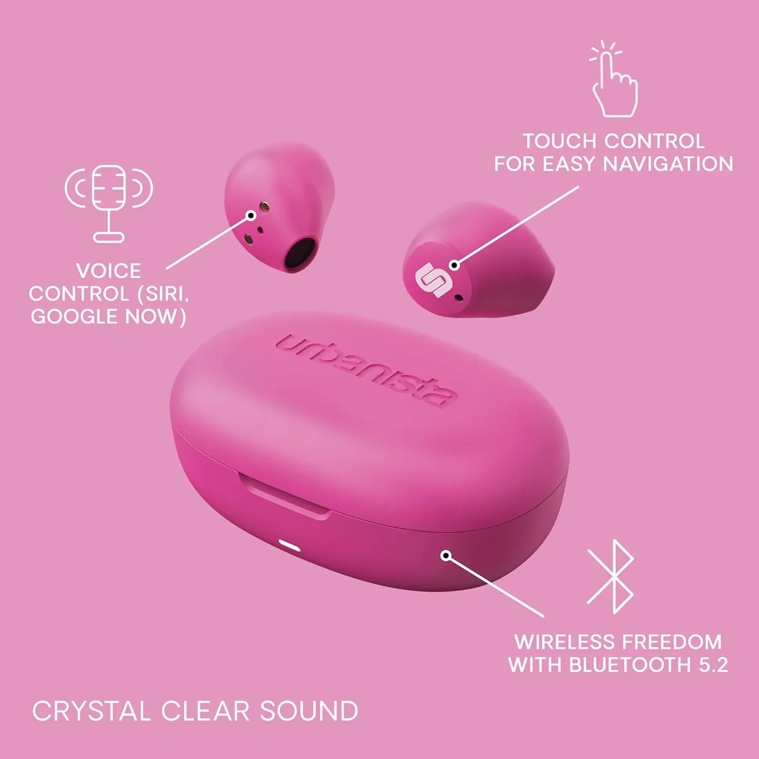 Urbanista Wireless Earbuds, Bluetooth 5.2 Enhanced Small Headphones, Touch Controls, 27 Hr Playtime, USB C Fast Charging Case, IPX Sweatproof Headphones for Running, Sports, Lisbon, Blush Pink