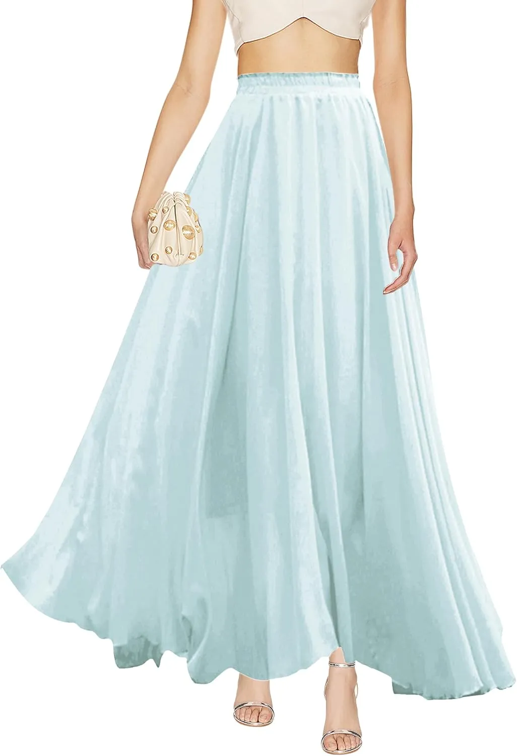 v28 Women Full/Ankle Length Elastic Pleated Retro Maxi Chiffon Long Skirt